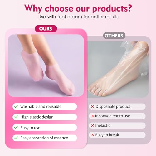Silikon Socken für Creme,4 Stück Feuchtigkeitsspendende Socken+60g Fußcreme,Hornhaut Silikon Socken,Hornhautentferner Socken,Fußmaske Socken,Pflege für Rissige und Raue Haut,Hautfarbe+Rosa