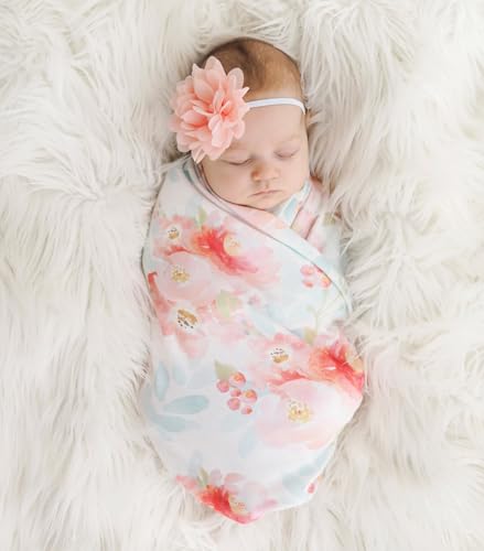 Image of Baby Receiving Blanket Swaddle Blanket Infant Wrap with Matching Headband Beanie and Name Card (White and Pink)