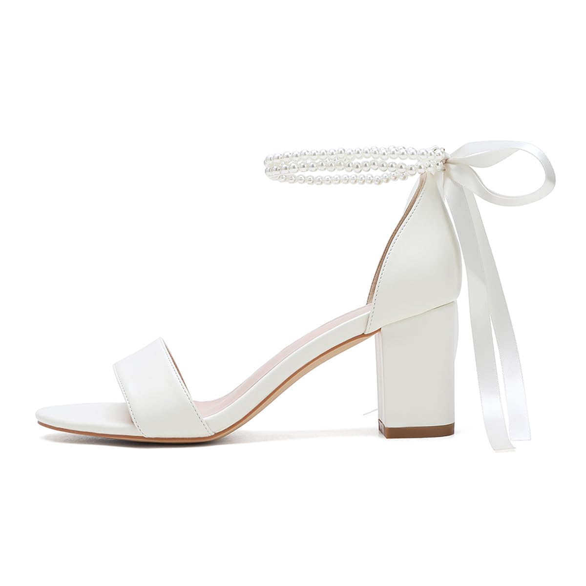 Sandalen Damen Offener Zehenbereich Satin Sandaletten mit Mittlerem Absatz Perles Knöchelriemen Brautschuhe