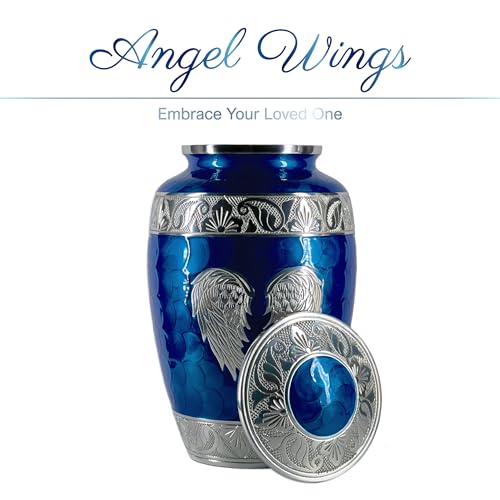 Image of Blue Cremation Urn for Adult Human Ashes Male and Female - Large Funeral Burial Urns with Angel Wings, Decorative Memorial Ash Holder