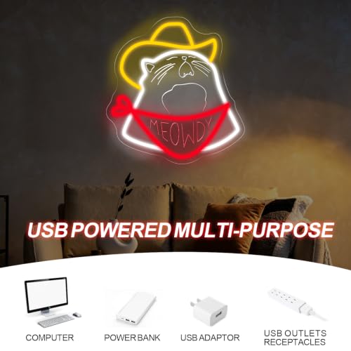 Image of Cowboy Cat Neon Sign Meowdy Cat Led Light Kids Room Decor | USB Powered Dimmable Home Wall Decor Room Decoration 13 inchx12.2 inch