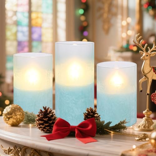 Image of MELTONE Sandblasted Lake Blue Flameless Candles with Remote & Timer, Real Wax Glass Ocean LED Candles, Home Holiday Farmhouse Christmas Summer Nautical Decor, Set of 3