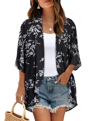 Image of Women's Floral Print Puff Sleeve Kimono Cardigan Loose Cover Up Casual Blouse Tops 2026