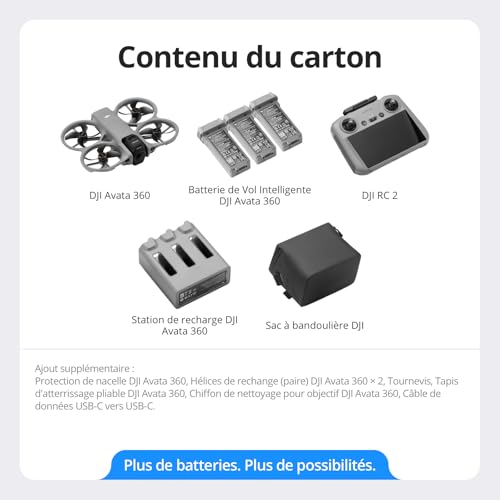 DJI Avata 360 Bundle Fly More (RC 2), drone avec imagerie 360° 8K au format 1 pouce pour FPV et prises de vue aériennes, drone caméra 360° avec protection d’hélices. Comprend RC 2 et trois batteries.
