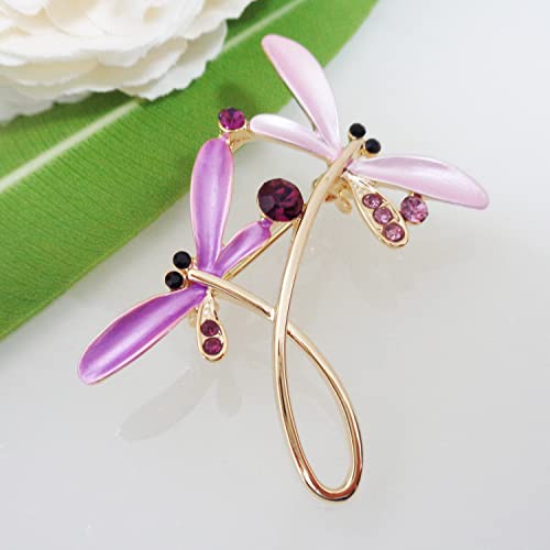 Image of Navachi 18k Gold Plated Multicolor Enamel White Crystal Double Dragonfly Wings Brooch Pins
