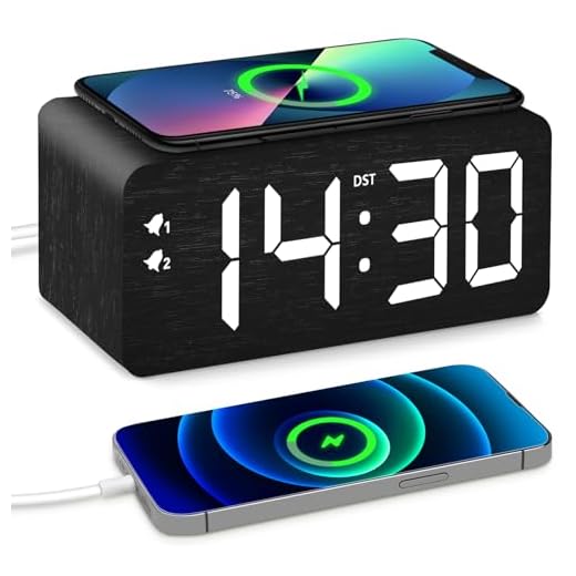 Wood Digital Alarm Clock with 10W Fast Wireless Charger, USB Charging Ports, DST, Dimmable, Snooze, Large Number LED Display for Bedrooms, Desk, Living Room Table, Bedside, Nightstand (Black)