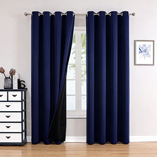 ChrisDowa 100% Blackout Curtains 108 inch Long for Bedroom with Black Liner, 2 Thick Layers Total Blackout Thermal Insulated Grommet Window Curtains 2 Panels Set (Navy Blue, 52 x 108 Inch)
