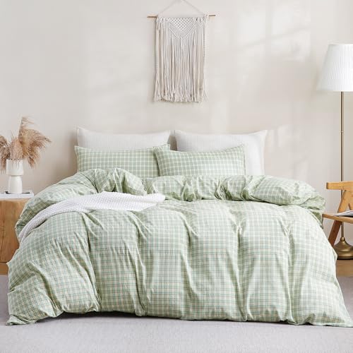 Image of TOCOMOA Plaid Duvet Cover Set 100% Washed Cotton Like Linen Feel Super Soft Comfy 3 Piece Green and Yellow Gingham Checkered Bedding Comforter Cover Set (King 104 inchx90 inch, Comforter Not Included)