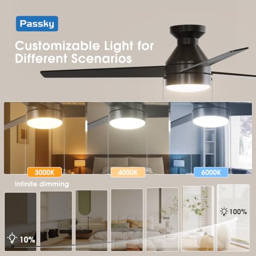Image of Passky Ceiling Fans with Lights, 52 inch Low Profile Ceiling Fan with Pull Chain and Remote Control, Flush Mount, Reversible, 5CCT, Dimmable, Noiseless, Black Pull Cord Ceiling Fan for Bedroom