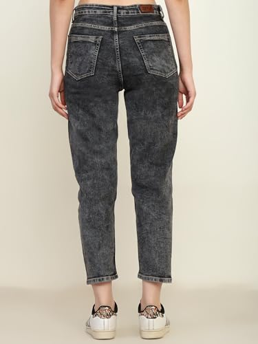 Image of Zayla Women's Mom Fit Cloud Wash Jeans I Full-Length Denim Stretchable High Waist Pant with Curved Pocket I Clean Solid Loose Fit Pants I for Everyday Office Party Girls