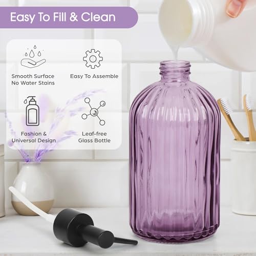 Topsky Stripe Glass Soap Dispenser with Black Plastic Pump, 400ml Liquid Hand Soap Dispenser, Rustproof Pump for Kitchen & Bathroom, Great for Lotions, Essential Oil, Liquid Soaps-Purple2