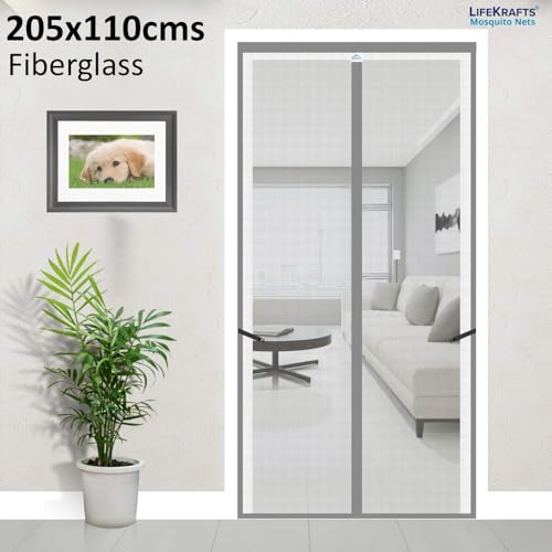 Image of LifeKrafts Mosquito Net Curtain for Door | Magnetic Closure, 120 GSM Fiberglass Material, Grey (205x110 cm)
