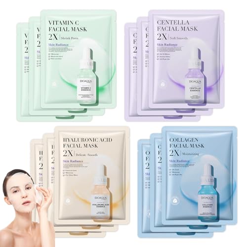Face Mask Set-12 Pack Hydrating Facial Sheet Masks, Hyaluronic Acid VC Collagen Centella Glowing Skin Moisturizing Skincare Facial Mask,Valentine's Women's Day Skin Care Product Gift Kit for Women-Set C