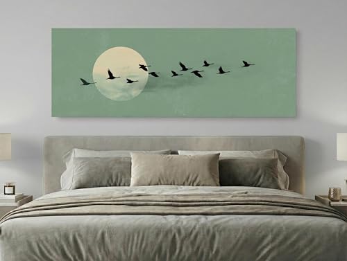 Impression sur toile vert sauge panorama oiseaux lune haute définition