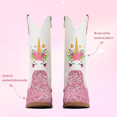 Girls Cowgirl Boots Glitter Princess Shoes Mid Calf Zipper Square Toe Western Cowboy Boot, Pink 12 Little Kid2