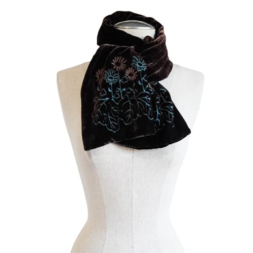 Double - Layer Silk Base Velvet Oblong Scarf, Embroidery, Brown and Black3