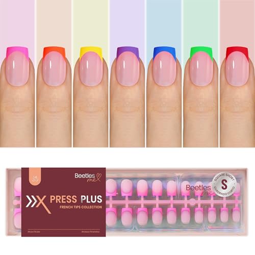 Image of Beetles Summer Press On Nails 210 Pcs 7 Colors, French Tip Nails Short Square Classic Fake Nail Tips, Rainbow Soft Gel Nails False Nails Art DIY For Women