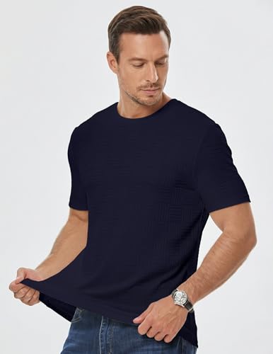 Image of JMIERR Mens T-Shirt Casual Stretch Solid Crewneck Short Sleeve Tees Textured Shirts