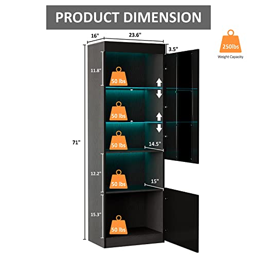 Amerlife 2 Piece 71In Tall Bookcase Storage Cabinet With Glass Doors, Modern High Gloss Led Bookshelf Display With 5 Tier Storage Shelves & Adjustable Glass Shelves For Living Room Study Office, Black #TOP1