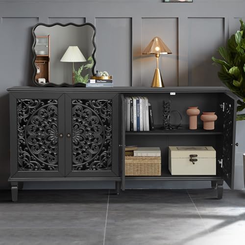 Image of Black Buffet Cabinet with Carved Doors, Black Accent Cabinet, Sideboard Buffet Cabinet with Storage Shelves, Vintage Cabinet for Dining Room, Living Room & Entryway