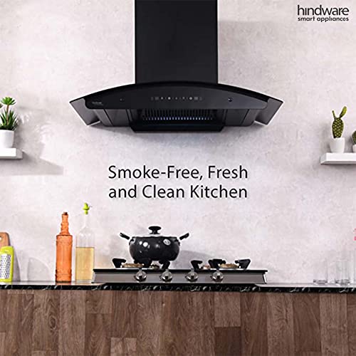 Image of Hindware Nadia 90 cm 1350 m /hr Stylish Filterless Auto-Clean Kitchen Chimney with Oil Collector, Motion Sensor & Touch Control For Easy Operation (Curved Glass, Black)