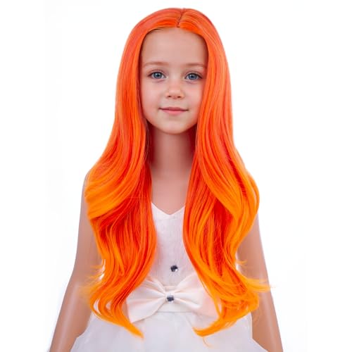 Image of PATTNIUM Kids Girls Flame Fire Wig Long Wavy Curly Orange Wig Orange Ombre Long Wigs Cosplay Costume Synthetic Wigs