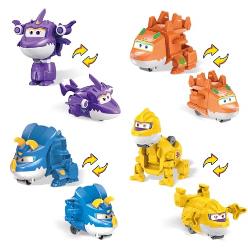 Super Wings 2" Transform-a-Bots 4-Pack, Supercharged Sally, Stego, Trico, Brachy, Airplane Toys Vehicle Mini Figures, Fun Toys for Kids, Transformable Toy for 3 4 5 Year Old Boys and Girls
