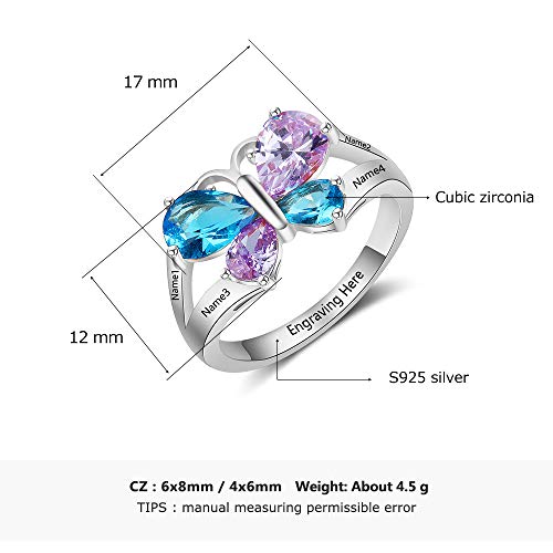 Personalized Engraved Name Rings for Mothers Day Rings with 4 Simulated Birthstones Promise Butterfly Ring for Women (Silver, 6)3
