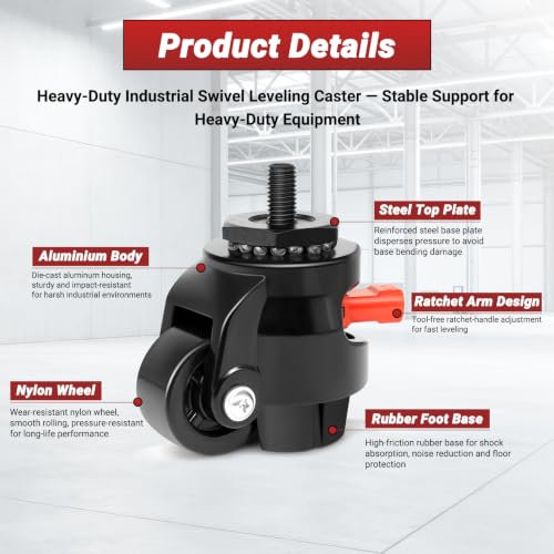 Image of W B D WEIBIDA M12 Heavy Duty Swivel Casters with Ratchet Handle, Retractable Wheels Load Capacity 1000 kg, Heavy Duty Casters for Furniture, Machine, Tool, Set of 4, Black