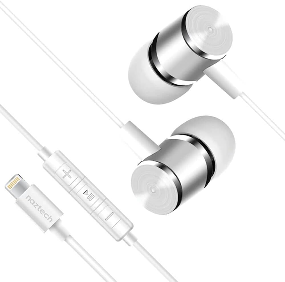 Naztech Platinum MFi Lightning Earphones w/Superior Acoustics & In-Line Remote + Noise Cancelling Mic Compatible For all iPhones /iPads + More [White]