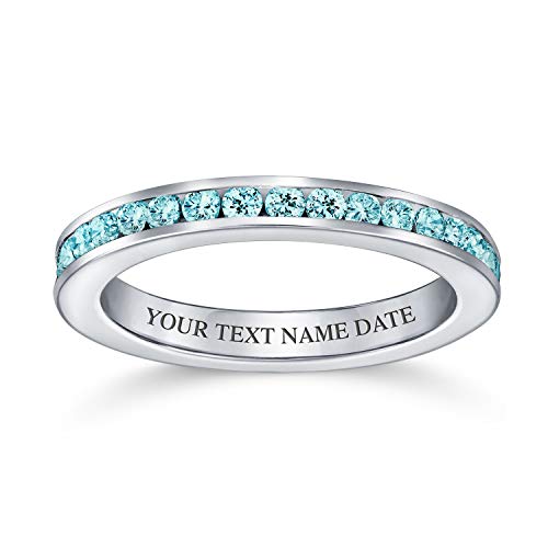 Bling Jewelry Personalized Aqua Blue CZ Channel Set Eternity Band Ring for Women Simulated Aquamarine Sterling Silver Custom Engraved