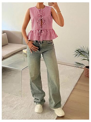 Verdusa Women's Gingham Plaid Peplum Blouse Y2K Bow Tie Sleeveless Going Out Tank Tops4