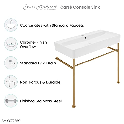 Carre 36" Ceramic Console Sink White Basin Brushed Gold Legs #TOP6