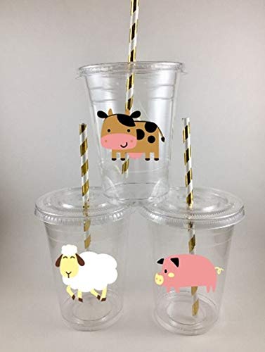 Farm Animals Party Cups Set of 12 With Lids Straws