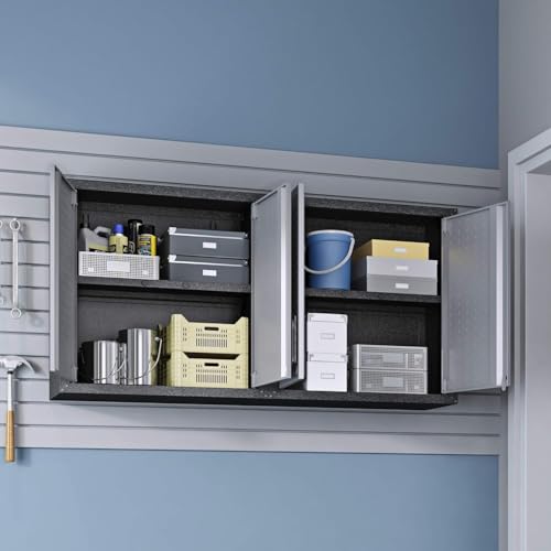 Image of Manhattan Comfort Fortress 30 inch Floating Garage Storage Cabinet Set of 2, Lockable, Adjustable Shelves, Recessed Handles, Steel Wall Mounted Utility Cabinet for Workshop, Garage, Basement in Grey /Black