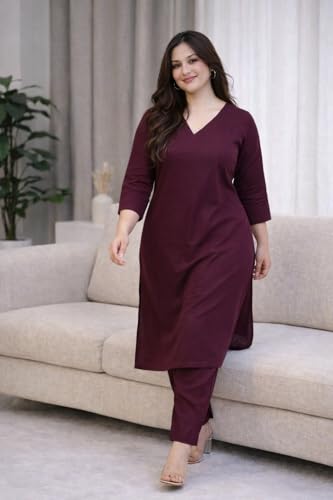 Image of Rayon Plain V Neck Kurta Pant Set for Women and Girls