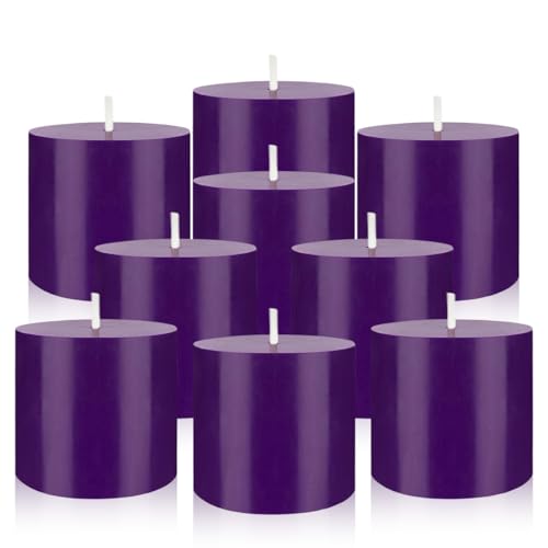 Image of 9 Packs Unscented Purple Votive Candles, Small 1.5 Inch by 1.25 Inch Colored Wax Candles for Wedding, Home Party Table Decoration - 8 Hours Burn Time