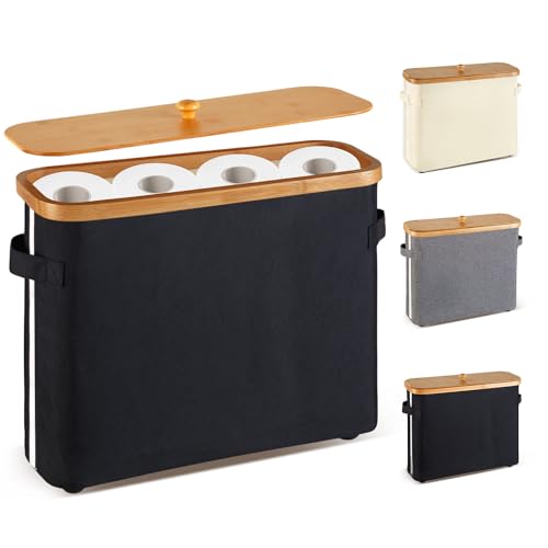 VVTHIP Bathroom Toilet Paper Storage Basket with Lid and Handle Bamboo Collapsible Toilet Paper Holder Storage with Non-Slip Bottom Extra Toilet Roll Storage Black