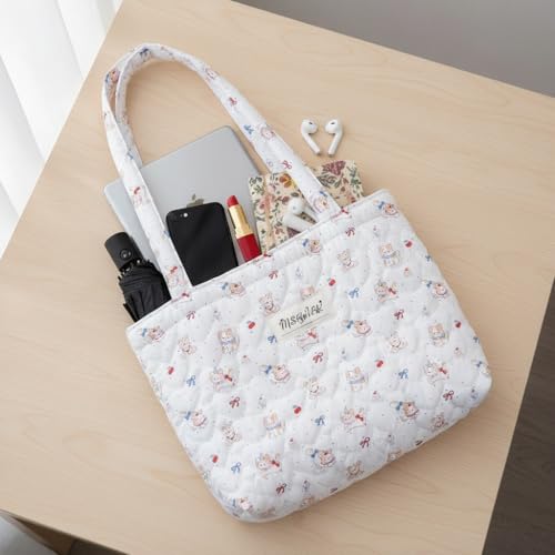 Image of Floral Quilted Cotton Shoulder Bag for Women Daily Use Medium Size Handbag Large Capacity Thickened Design Tote