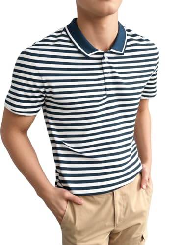 Image of Mack Jonney Men's Striped Cotton Rich Collar Neck T Shirt | Collar Tshirts | Half Sleeves | Striped-Regular Fit-MM485-nw