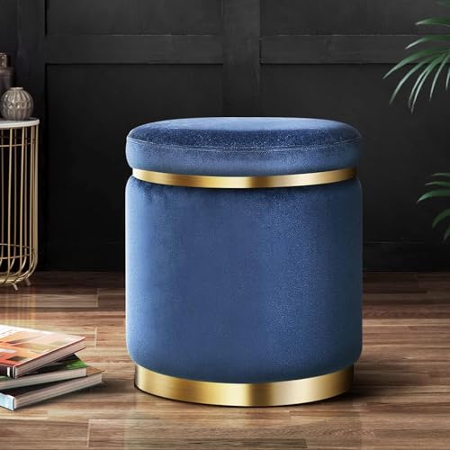 Image of ETIQUETTE ART Upholstered Velvet Round Dual Strip Ottoman Office Stool Foot Rest Stool Linen Fabric Padded Seat Pouf Ottoman with Round Shape for Living Room (Blue)