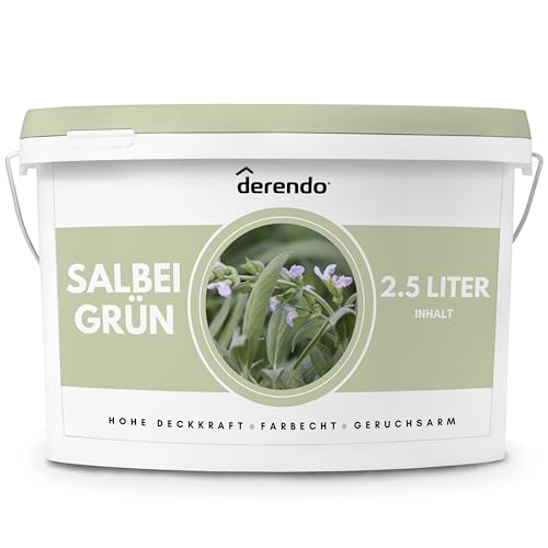 derendo Exklusive Wandfarbe grün 2,5L, hohe Deckkraft, Dispersionsfarbe innen, Innenwandfarbe Raumfarbe Salbeigrün, Deckkraftklasse 2, hochdeckende Innenfarbe Profi Qualität