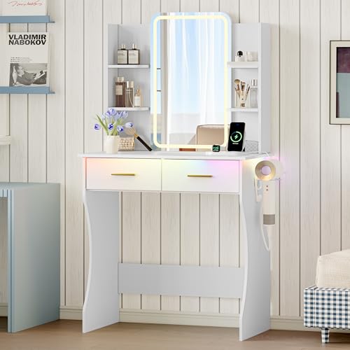Image of Xixini Vanity Desk with LED Lights Mirror & Power Outlet, Small Makeup Vanity Table Set with Storage Drawers, 3 Lighting Modes & Adjustable Brightness, Dressing Table for Women Girls Bedroom, White