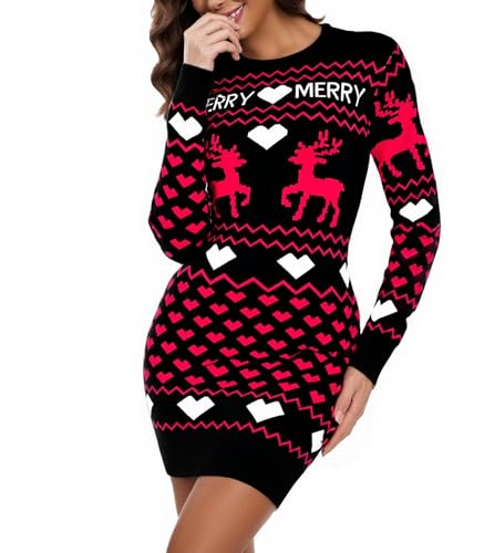 Uniexcosm Strickkleid Damen Weihnachten Modischer Strickpullover Langarm Rundhals Weihnachts Pulloverkleid mit Rentier Minikleid Weihnachtskleid für...