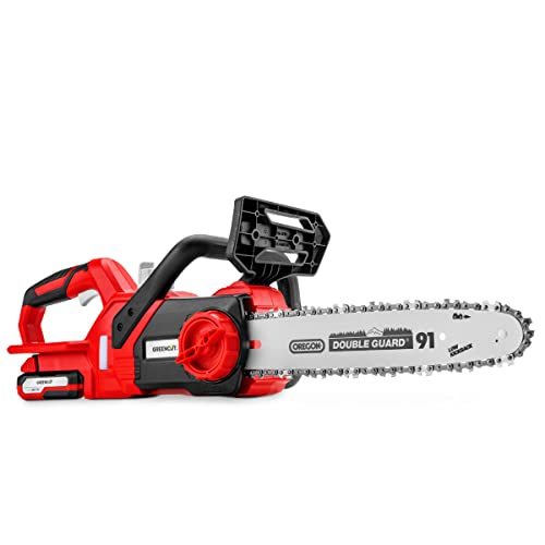 GREENCUT GS200L 20V Lithium Battery Chainsaw for 2.0Ah/4.0Ah, 12'' Oregon Sword, Cutting Speed up to 5m/s, Includes Sword Case, 2.0Ah Battery and Charger