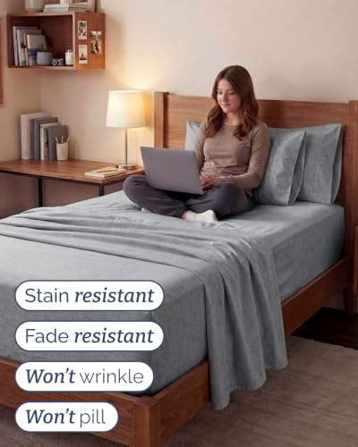 Image of Extra Deep Twin XL Sheet Set - 4 Piece Cooling Bed Sheets - Heathered Grey | Hotel Luxury Bed Sheets Set, Easy & Secure Fit, Ultra-Soft, Wrinkle & Fade Free, Comfy Sheets Set with Extra Deep Pockets