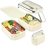 Double-Layer Bento Box Adult All-in-One Design | 1.3L Stainless Steel Lunch Containers for Adults | Leakproof Microwave-Safe Food Container with Cutlery(Spoon and Chopsticks)& Hidden Handle (beige）