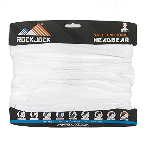 RockJock Multifunctional Headwear Neck Scarf Bandana Balaclava Face mask Headband Hairband Tube Gaiter Stretch Snood for Sports Yoga Running Cycling Hiking – Buy Single or 6 Piece Multipack-White-1