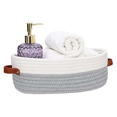 HLWDFLZ Bathroom Countertop Organizer Basket, Cotton Rope Woven Storage Basket Toilet Paper Decorative Basket for Bathroom, Bedroom, Living Room, Entryway 13"x6.3"x4.3" (Off White/Gray) Cover