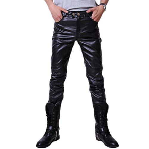 Andongnywell Men's Casual Slim Fit Genuine Leather Black Shinny Pants Punk Leather Man's Trousers Pant